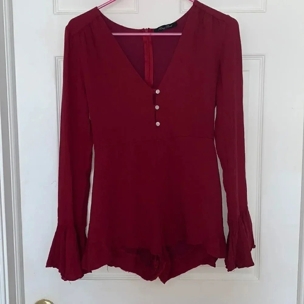 Honey Punch Bell Sleeved Romper Maroon Red Size S